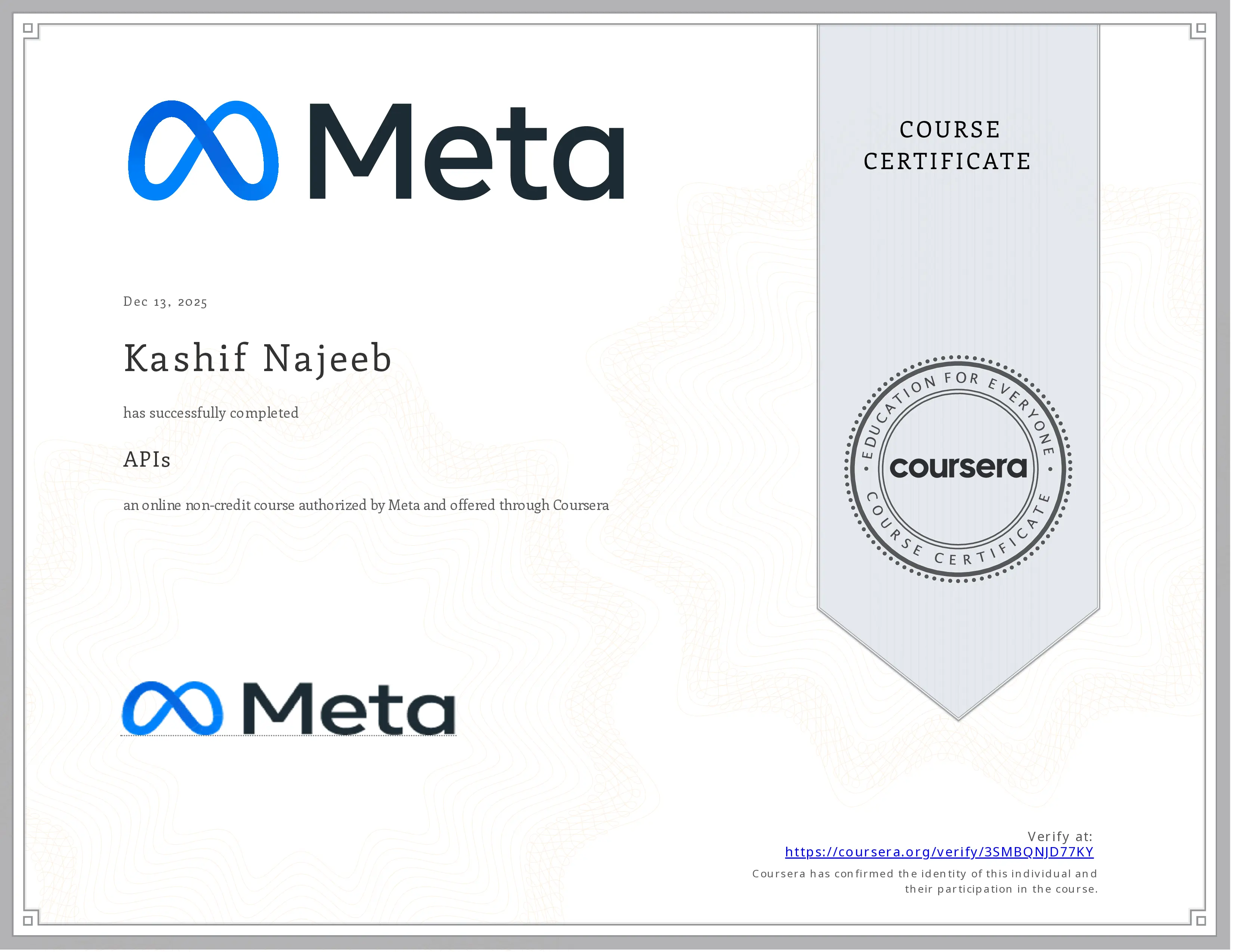 API Meta Certificate