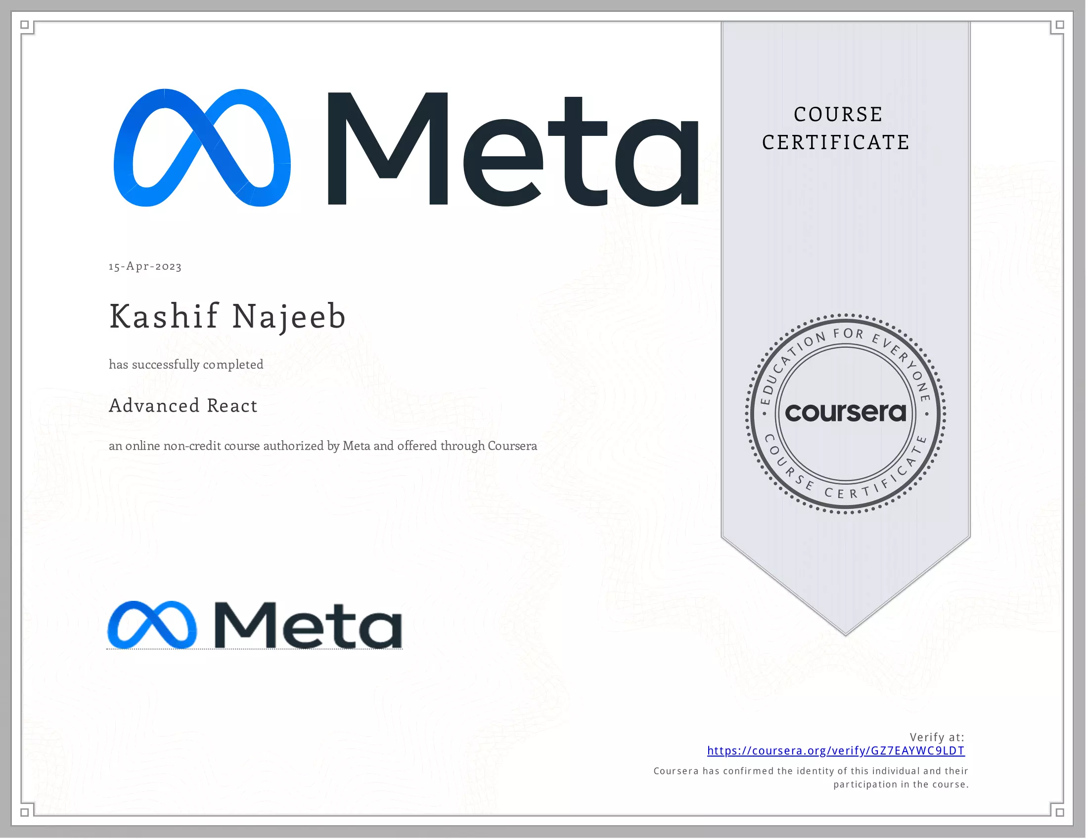 Erweitert React Meta Certificate