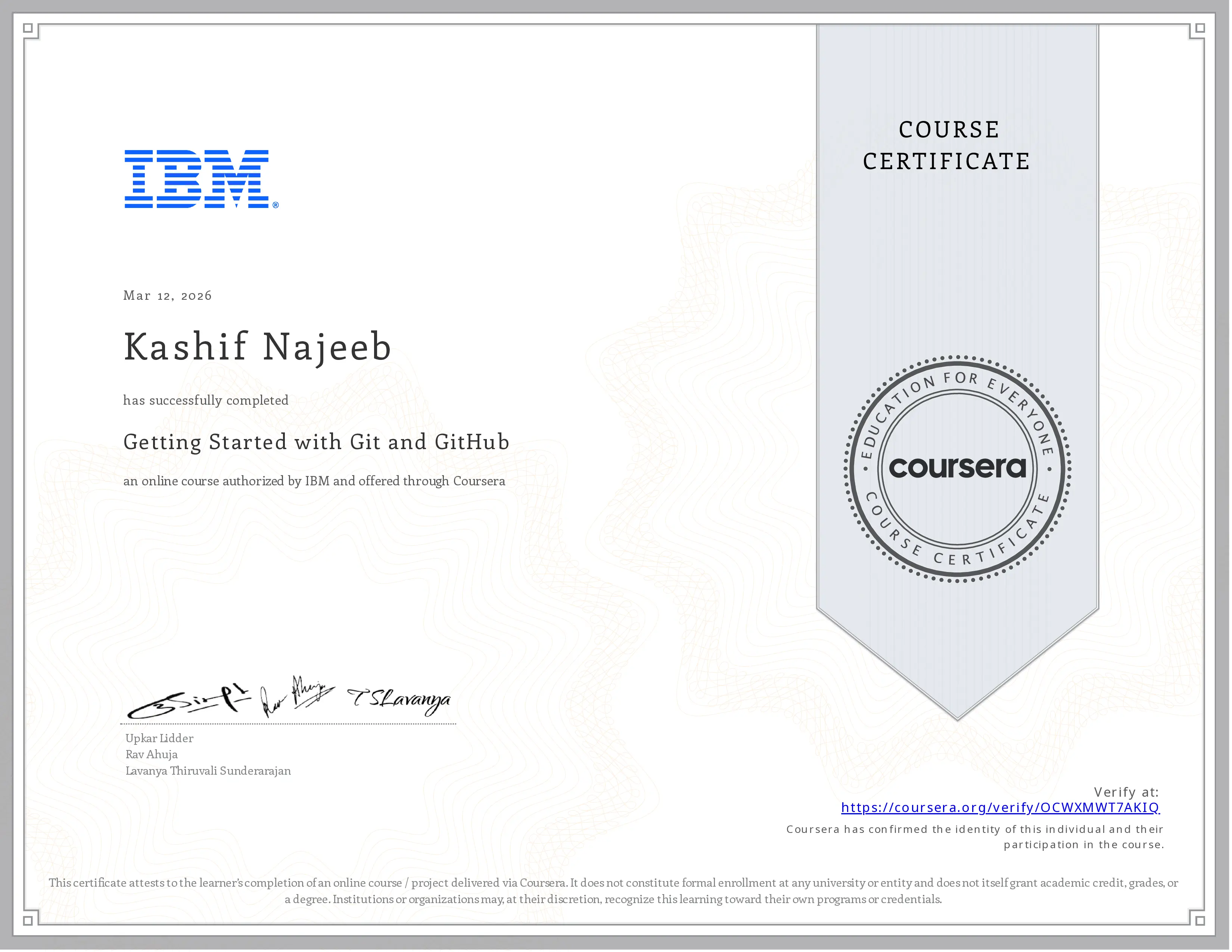 IBM Course Certificate: Getting Started with Git and GitHub