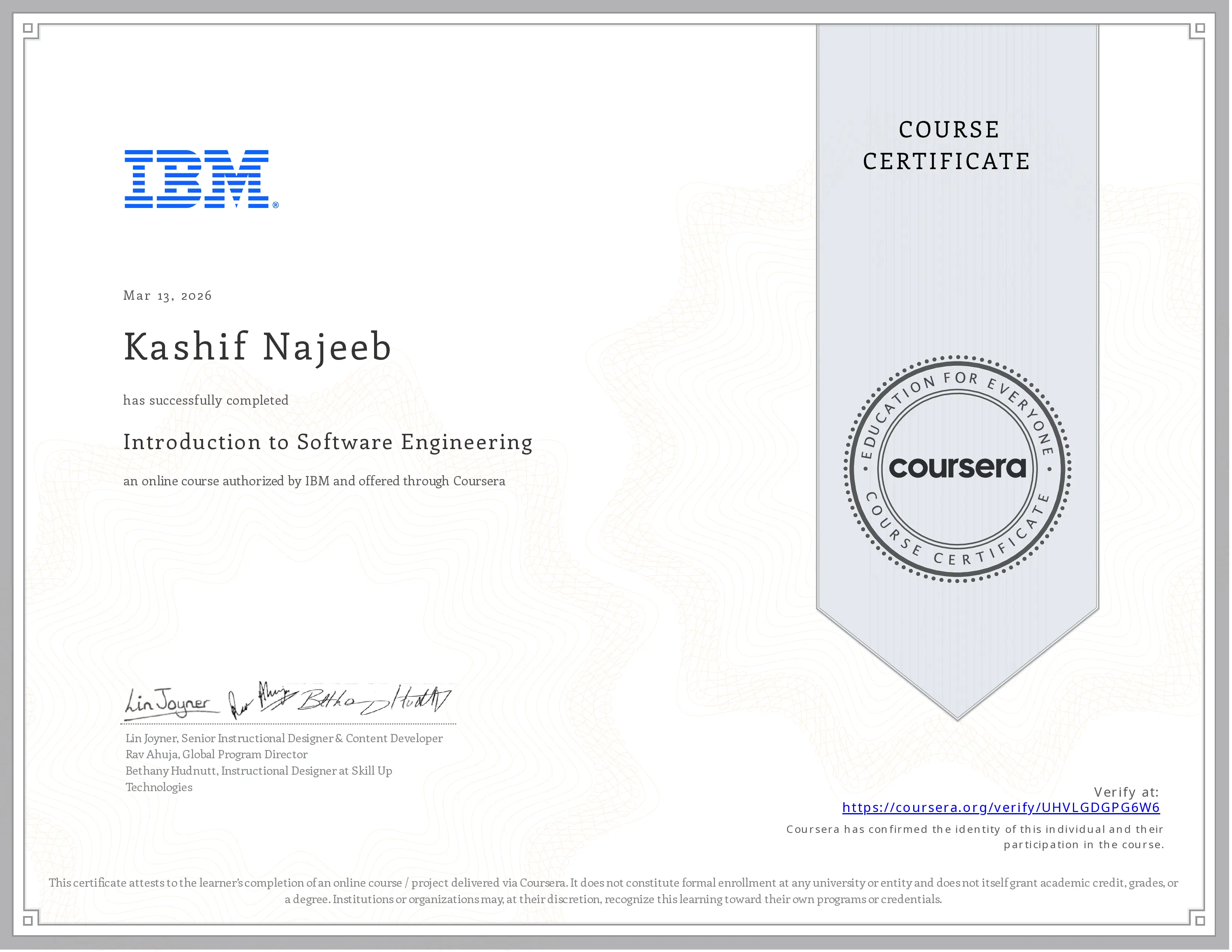 IBM Course Certificate: Introduction to Software Engineering